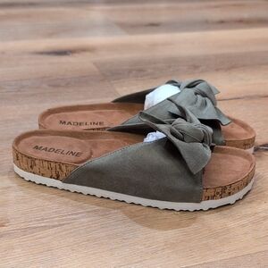 Madeline Olive Bow Slide Sandals with Cork-Effect Footbed